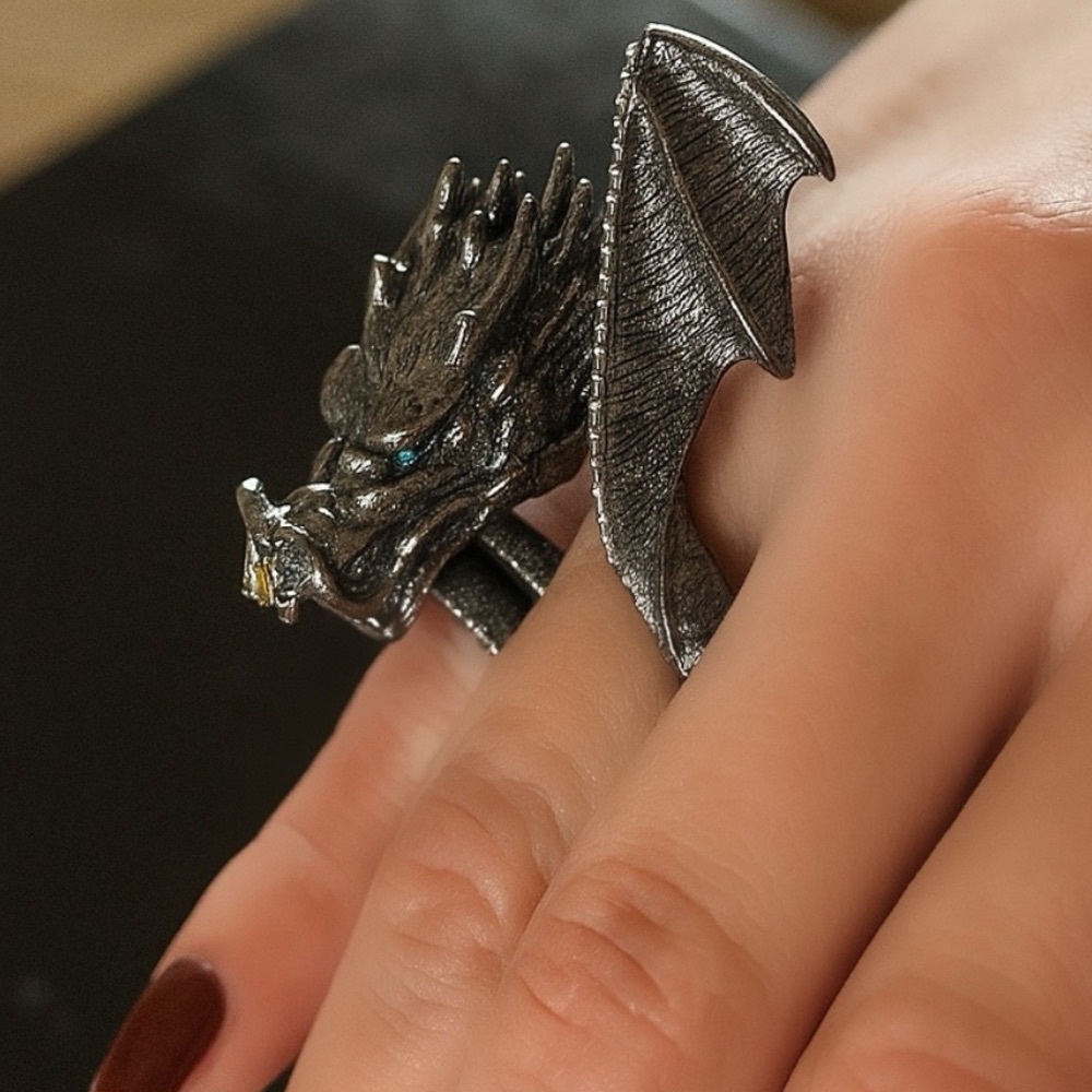 Gothic Double Finger Dragon Statement Ring Silver… - image 1